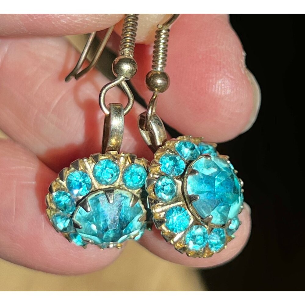 Vintage Gold-Tone Dangle Earrings With Blue Rhinestones